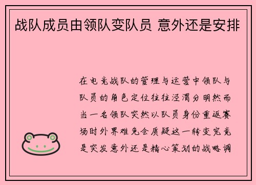 战队成员由领队变队员 意外还是安排