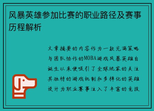 风暴英雄参加比赛的职业路径及赛事历程解析