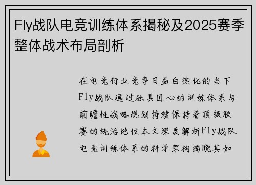 Fly战队电竞训练体系揭秘及2025赛季整体战术布局剖析