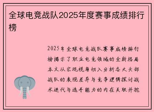 全球电竞战队2025年度赛事成绩排行榜
